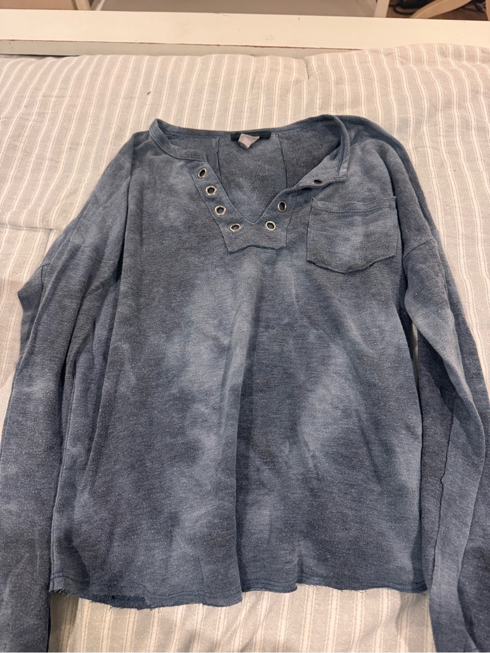 Anthropologie Heathered Slate Blue V-Neck Top with Grommet Detail